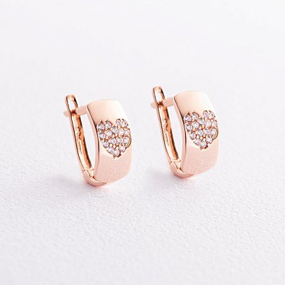 Золотые серьги "Сердечки с фианитами" с05411