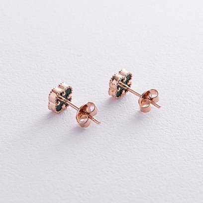 Сережки - пусети "Конюшина" з малахітом mini (червоне золото) с08404 №9