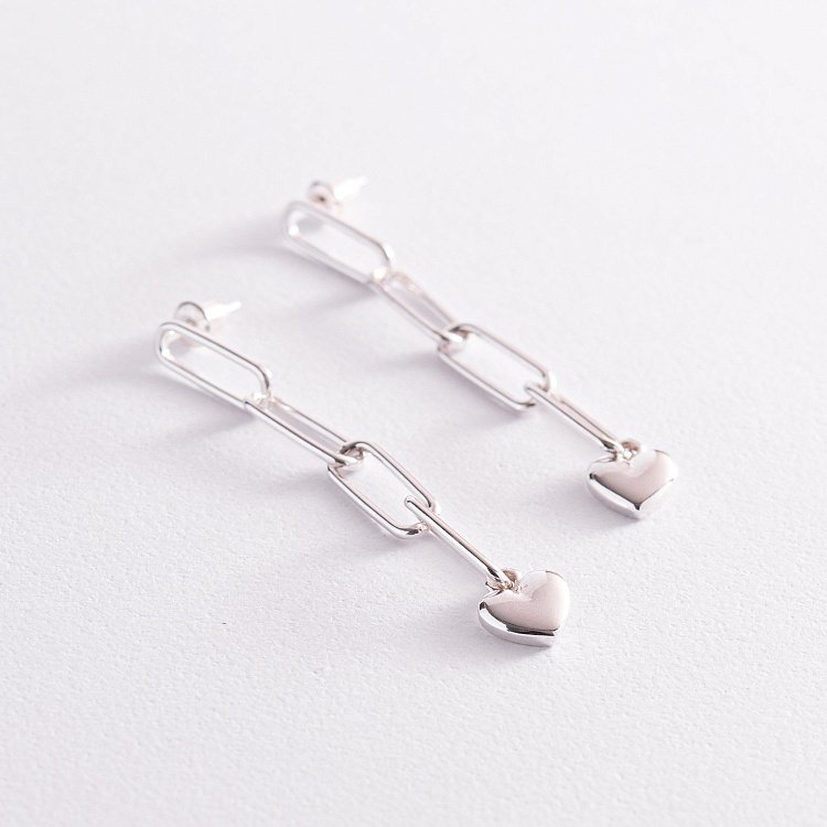 Серебряные серьги - пусеты "Сердечки на цепочке" 123197 от ювелирного магазина Оникс - 2