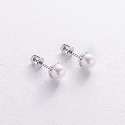 Золотые серьги - пусеты с жемчугом с05184 №3