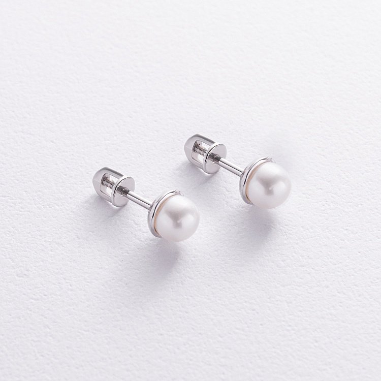 Золотые серьги - пусеты с жемчугом с05184 от ювелирного магазина Оникс - 2