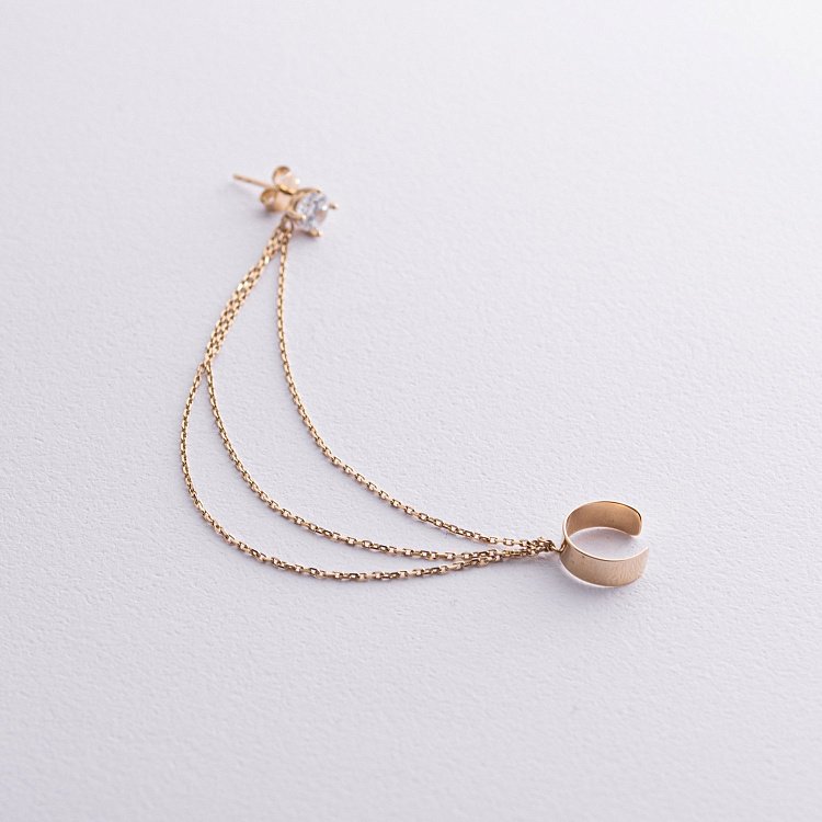 Серьга - каффа "Тринити" в желтом золоте с цепочками (фианит) с08041 от ювелирного магазина Оникс - 4