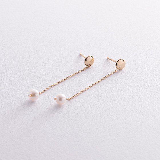 Серьги - пусеты "Жемчужина на цепочке" в желтом золоте с08293 №2