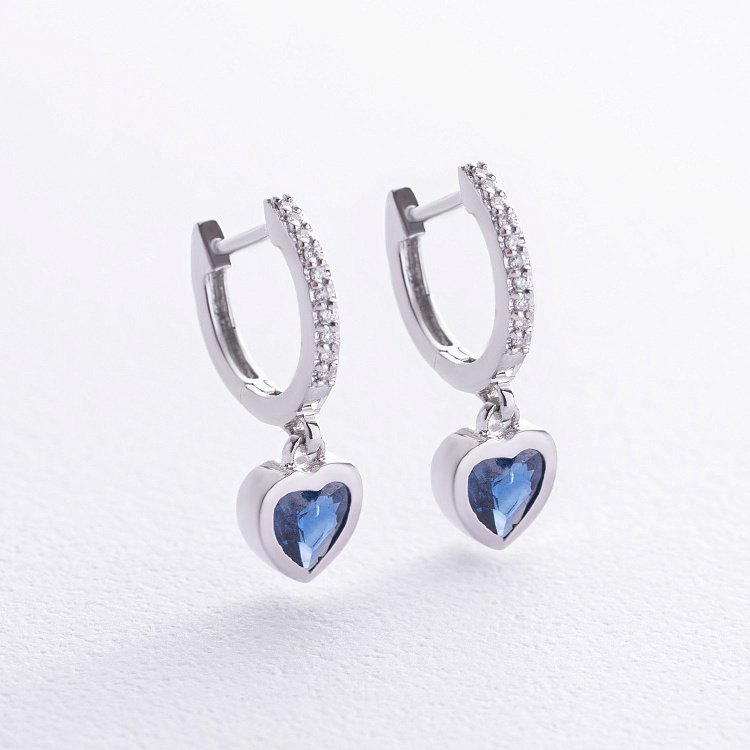 Золотые серьги - кольца "Сердечки" (сапфиры, бриллианты) сб0532gl от ювелирного магазина Оникс