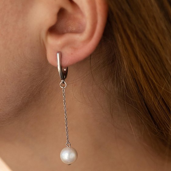 Серебряные серьги с жемчугом на цепочке 2333/1р-PWT №4