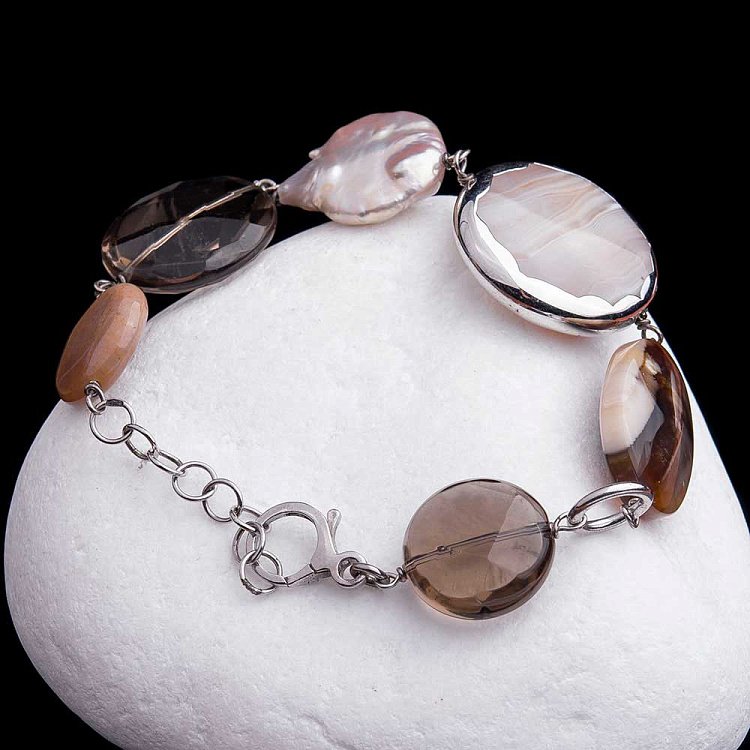 Браслет з агатом, кварцом димчастим і культ. прісн. перлами BRDR084 від ювелірного магазину Онікс - 3