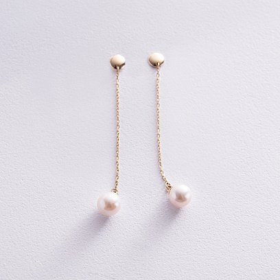 Серьги - пусеты "Жемчужина на цепочке" в желтом золоте с08294 №7