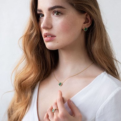 Кольцо "Клевер" в желтом золоте (малахит) к05671 №3