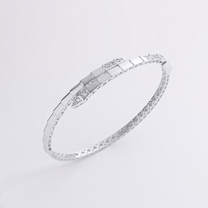Жесткий браслет "Змея" в белом золоте (фианиты) б05623
