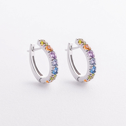 Золотые серьги с дорожкой разноцветных натуральных камней с09570