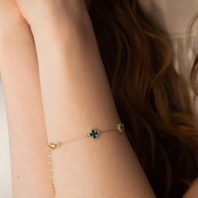 Браслет "Конюшина" з малахітом mini (жовте золото) б05251 №7