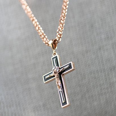 Золотой православный крестик "Распятие. Спаси и Сохрани - на укр. языке" (эмаль, фианиты)  п03905 №4