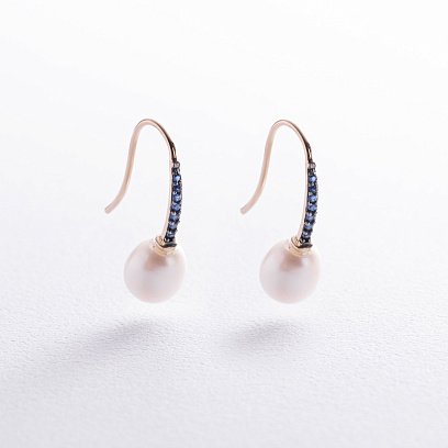 Золотые серьги - петельки "Оливия" с жемчугом и фианитами с08515