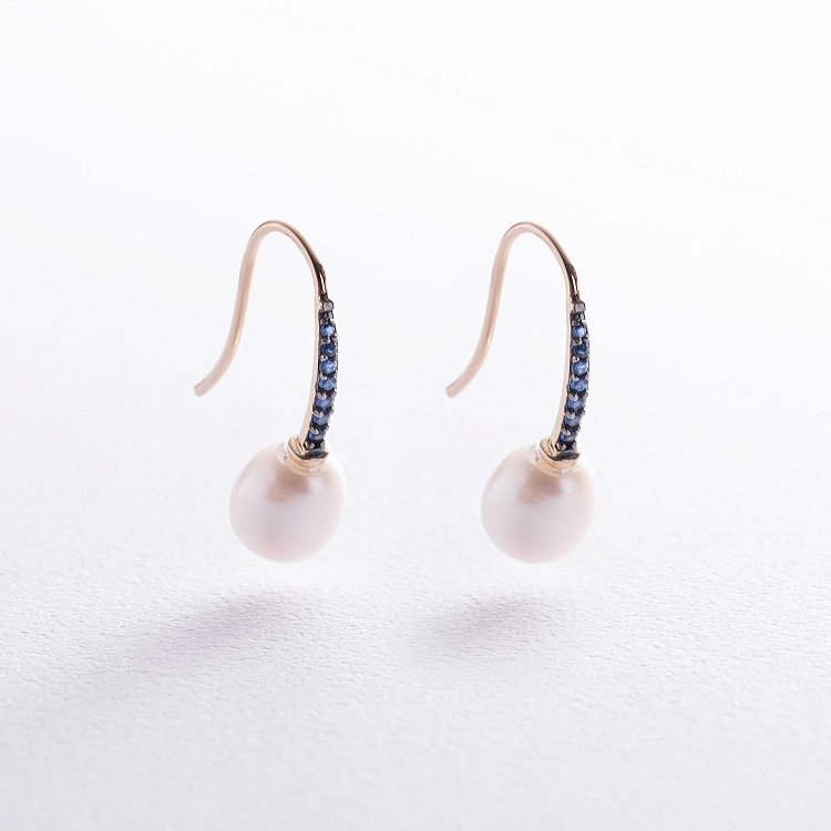 Золотые серьги - петельки "Оливия" с жемчугом и фианитами с08515 от ювелирного магазина Оникс