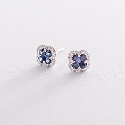 Золотые серьги-пусеты "Клевер" с сапфирами и бриллиантами сб0282ai