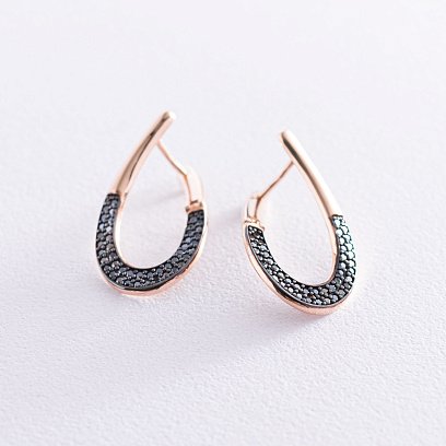 Золотые серьги с черными фианитами с07033 №2