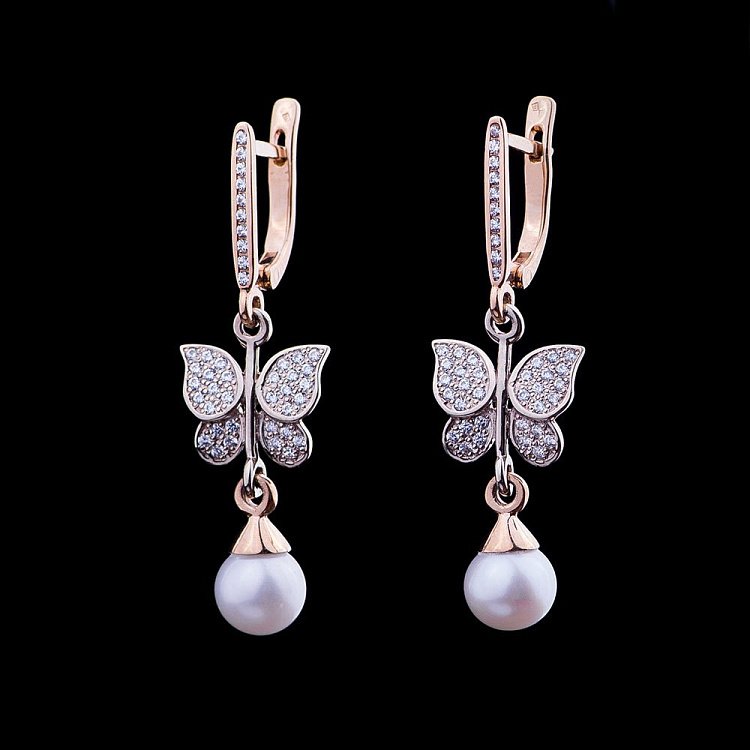 Золотые серьги "Бабочки" с жемчугом и фианитами 03-0702.0.4310 от ювелирного магазина Оникс - 1
