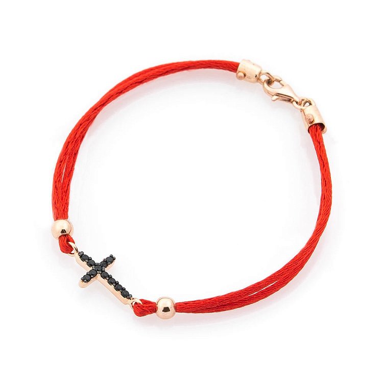 Браслет с красной нитью и золотой вставкой "Крестик" (фианит) б03481 от ювелирного магазина Оникс - 3