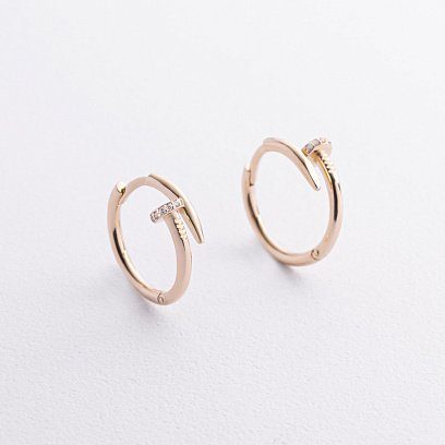 Серьги - кольца "Гвоздь" в желтом золоте (фианиты) с09329