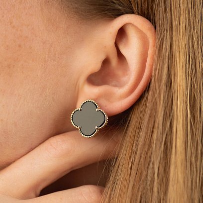 Золотые серьги "Клевер" с ониксом с08105 №5