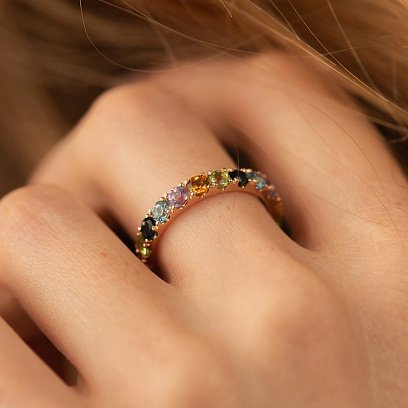 Золота каблучка з доріжкою різнокольорових натуральних каменів к07526 №3