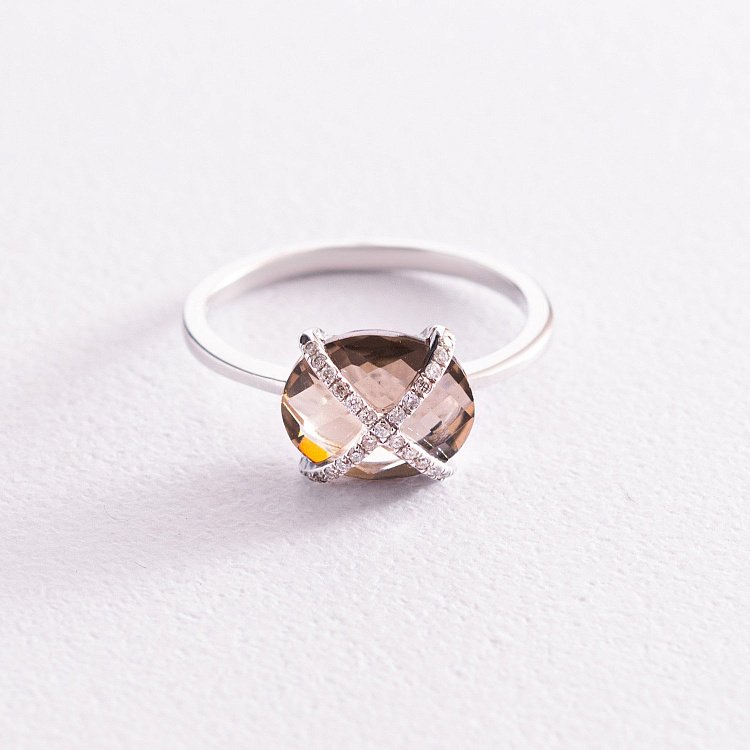 Золотое кольцо с дымчатым топазом и бриллиантами C01085R - 2 Золотое кольцо с дымчатым топазом и бриллиантами C01085R от ювелирного магазина Оникс - 2