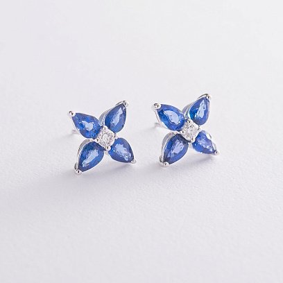 Золотые серьги-пусеты "Клевер" (сапфир, бриллиант) сб0215gl