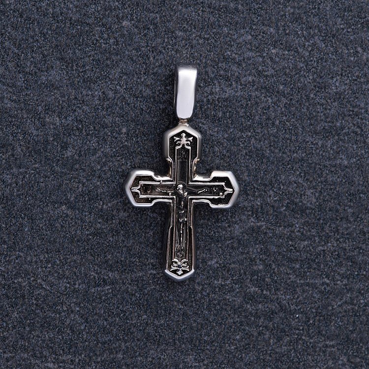 Золотой православный крестик с распятием и молитвой (чернение) п03785 от ювелирного магазина Оникс - 4