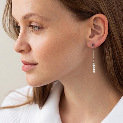 Серебряные серьги - пусеты с жемчугом на цепочке 2339/1р-PWT №5