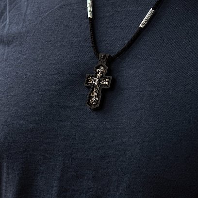 Серебряный крест  "Распятие. Спаси и Сохрани" на шнурке (эбеновое дерево) 819 №10