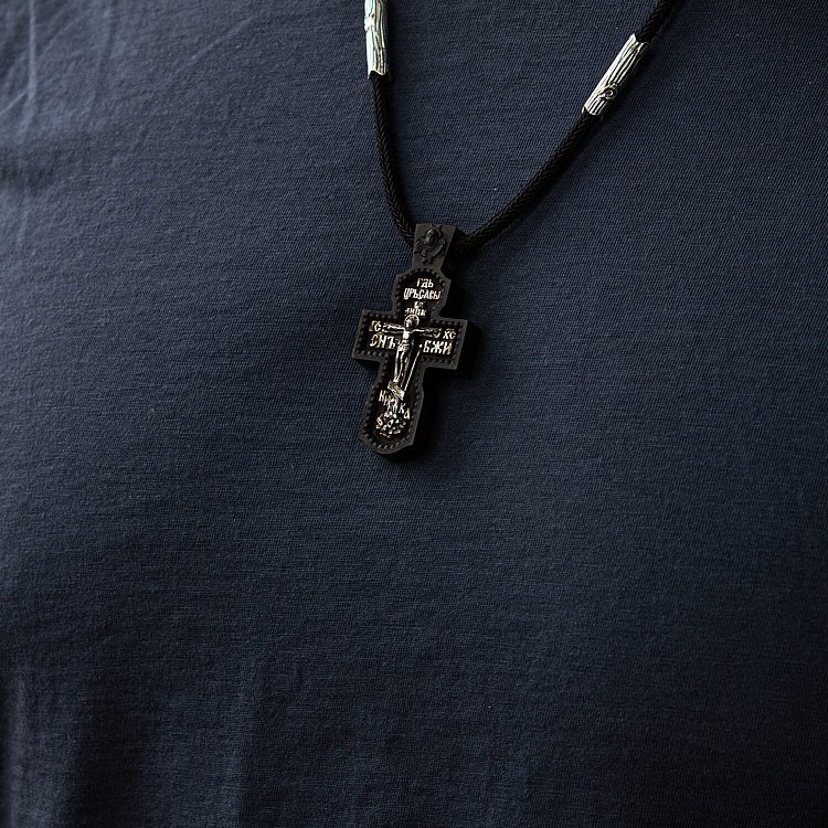 Серебряный крест  "Распятие. Спаси и Сохрани" на шнурке (эбеновое дерево) 819 от ювелирного магазина Оникс - 9