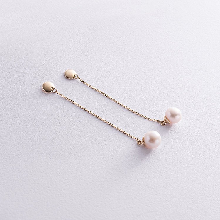 Сережки - пусети "Перлина на ланцюжку" у жовтому золоті с08294 від ювелірного магазину Онікс