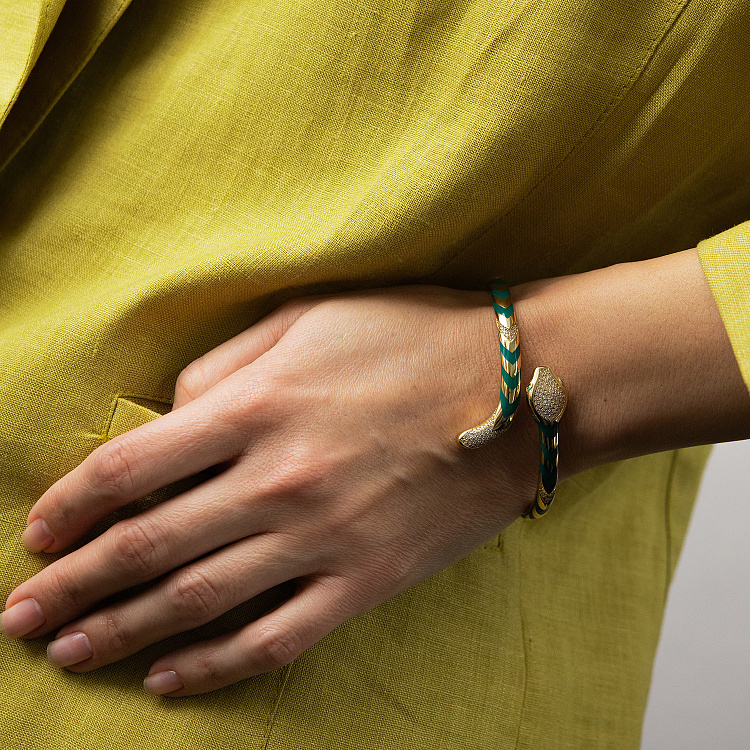 Жорсткий браслет "Змія" у жовтому золоті (фіаніти, емаль) б05170 від ювелірного магазину Онікс - 1