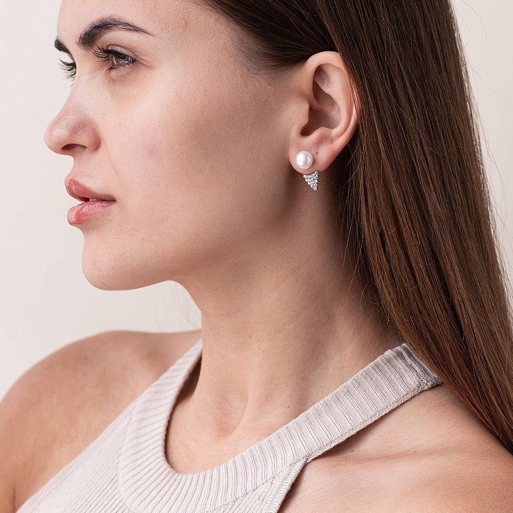 Серебряные серьги - пусеты 2 в 1 (жемчуг, фианиты) 2460/1р-PWT от ювелирного магазина Оникс - 2