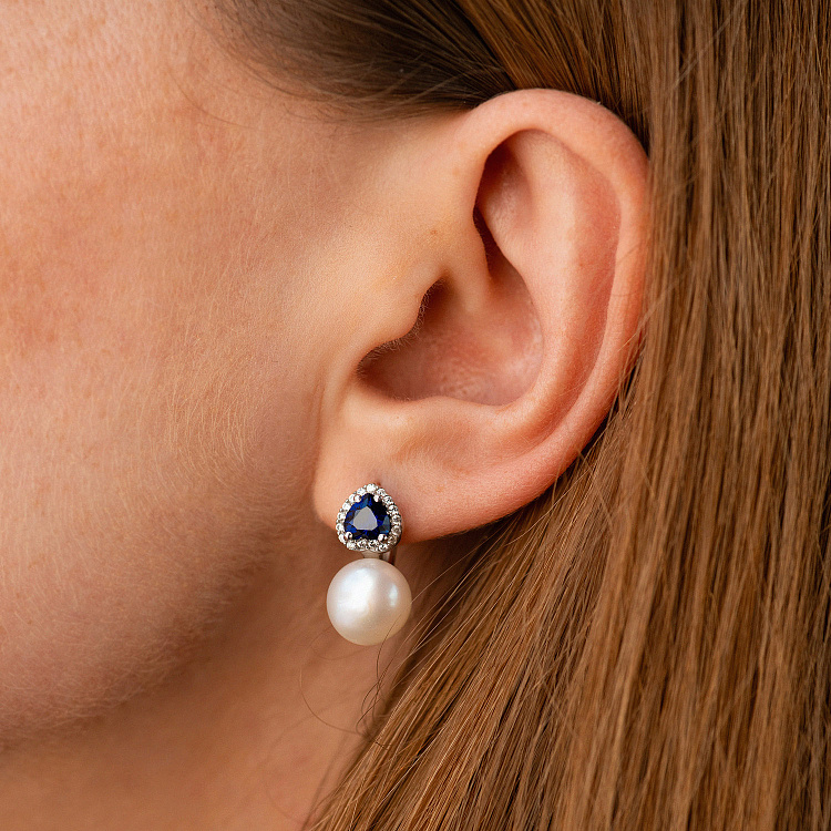 Срібні сережки з перлами, сапфірами і фіанітами 2486/1р-PWTNS від ювелірного магазину Онікс - 1