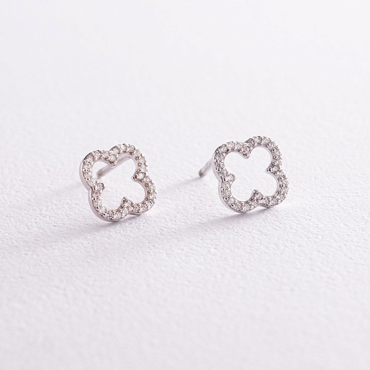 Срібні сережки - пусети "Конюшина" з фіанітами 008220 від ювелірного магазину Онікс - 1