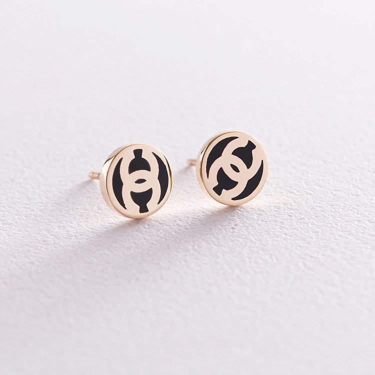 Сережки - пусети в жовтому золоті (емаль) с07172 від ювелірного магазину Онікс