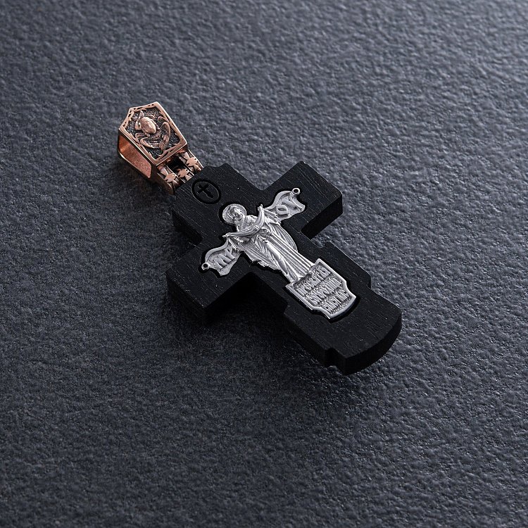 Золотий хрест "Розп'яття. Пресвята Богородиця" з ебеновим деревом 632з від ювелірного магазину Онікс - 6