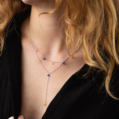 Двойное золотое колье - галстук "Украинка" (синие и желтые фианиты) кол02332 №2