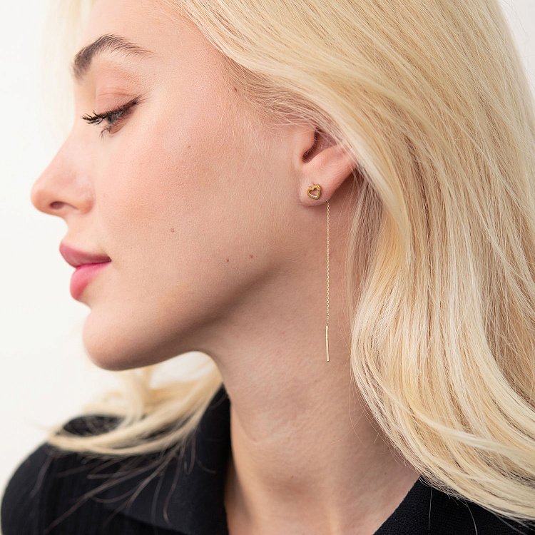 Золотые серьги - протяжки "Сердечки" с07657 от ювелирного магазина Оникс - 1