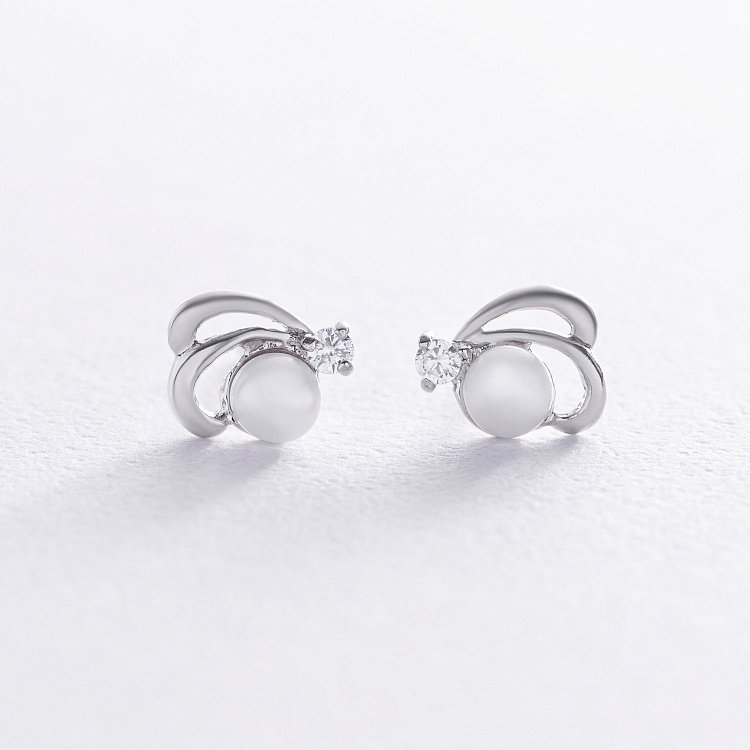 Срібні сережки - пусети (культ. прісн. перли, фіаніт) 12645 від ювелірного магазину Онікс