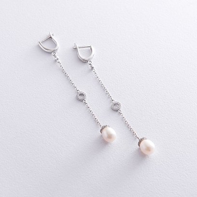 Сережки в білому золоті (перли, фіаніти) с06885