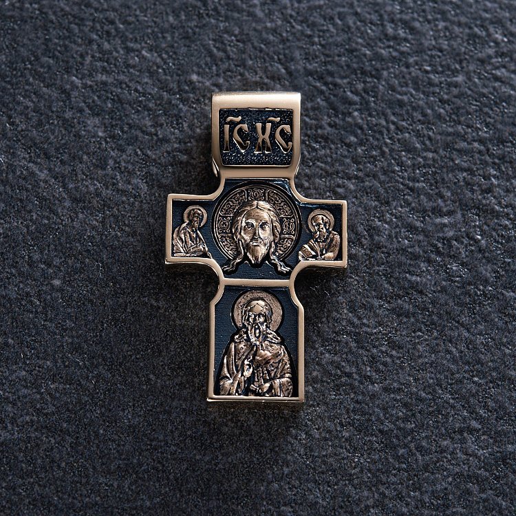 Золотий православний хрест "Спас Нерукотворний. Святитель Миколай Чудотворець. Георгій Переможець" п03840 від ювелірного магазину Онікс - 2