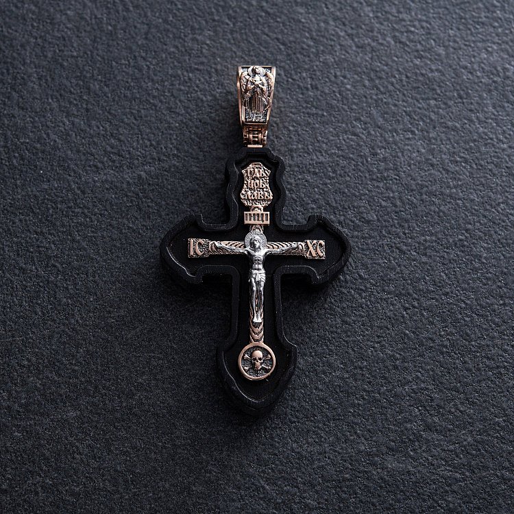 Золотой крест "Распятие. Спаси и Сохрани" с эбеновым деревом 631з от ювелирного магазина Оникс - 4