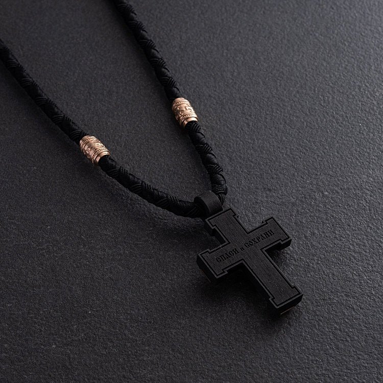 Чоловічий православний хрест "Розп'яття. Спаси та Збережи" на шнурі з ебенового дерева та золота кол02523 від ювелірного магазину Онікс - 9