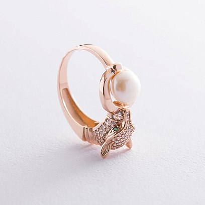 Золота каблучка "Пантера" (фіаніти, перли) к06068 №3