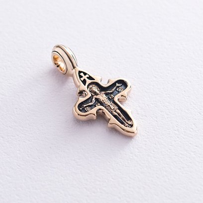 Золотий православний хрестик "Розп'яття Христове. Ікона Божої Матері" (чорніння) п02657