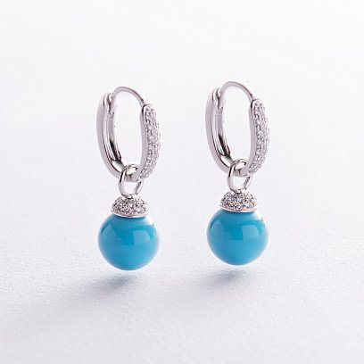 Золотые серьги "Шарики" с бриллиантами и бирюзой сб0475ca