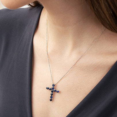 Крестик  в белом золоте с сапфирами пб0387nl №2