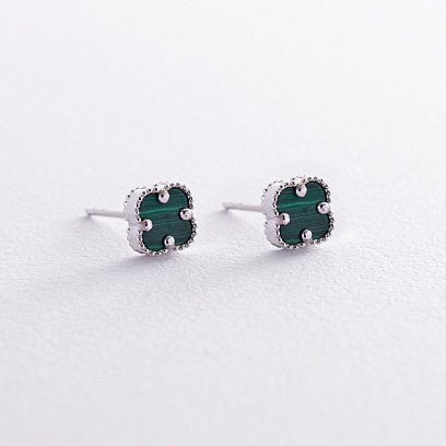 Сережки - пусети "Конюшина" з малахітом mini (біле золото) с08412 №2